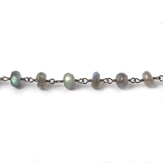 6mm Labradorite faceted rondelle Black Gold Plated Chain by the foot 30 pcs