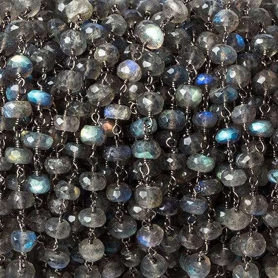 6mm Labradorite faceted rondelle Black Gold Plated Chain by the foot 30 pcs