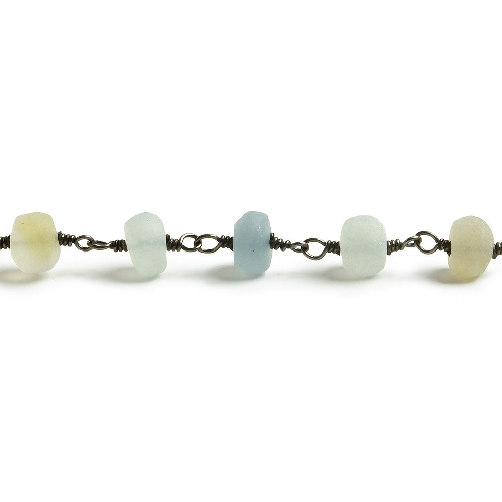 6mm Matte Beryl & Aqua rondelle Black Gold over .925 Silver Chain by the foot 30 pieces