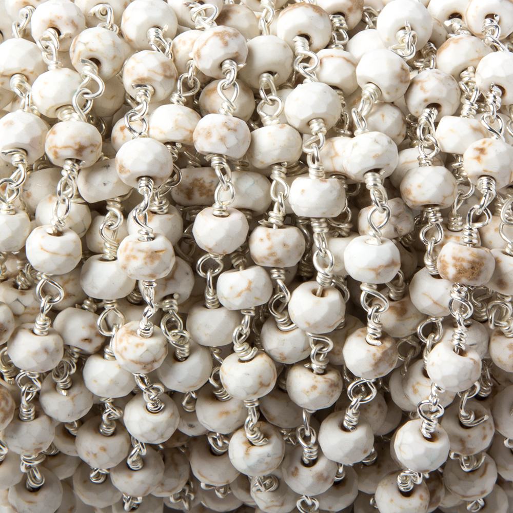 6mm Matte Howlite faceted rondelle Silver plated Chain by the foot 28 pieces