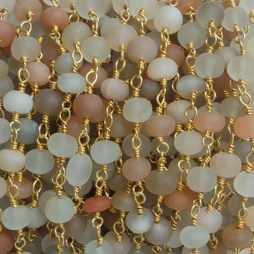 6mm Matte Multi Color Moonstone rondelle Gold plated Chain by the foot with approximately 27 pieces