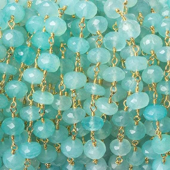 6mm Seafoam Blue Chalcedony faceted rondelle Gold Chain by the foot 33 beads
