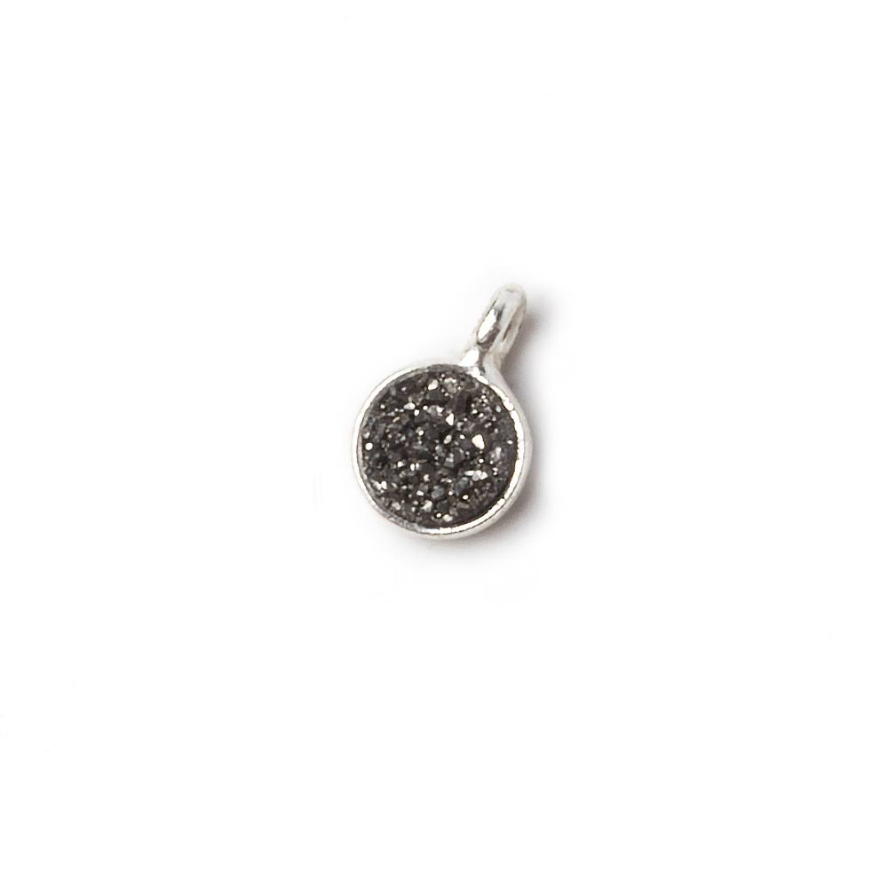 6mm Silver .925 Bezel Black Micro Drusy Coin Pendant 1 piece with side facing ring