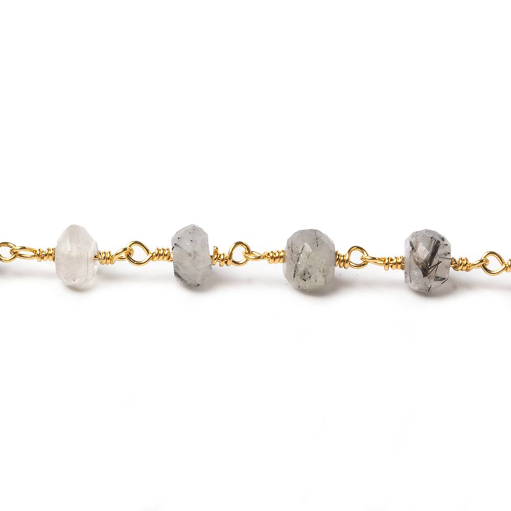 6mm Tourmalinated Quartz faceted rondelle Gold Chain by the foot 30 pieces