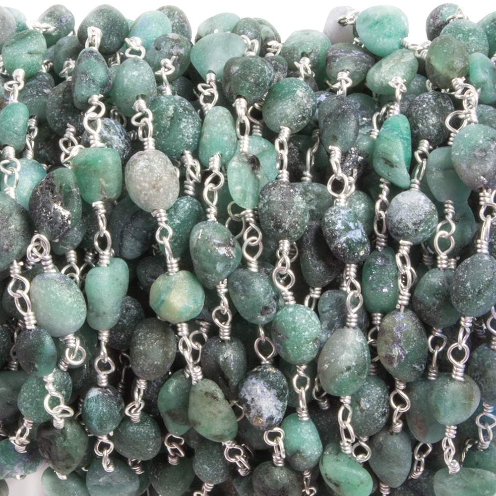 6x4mm Matte Emerald plain nugget Silver plated Chain by the foot 29 pieces