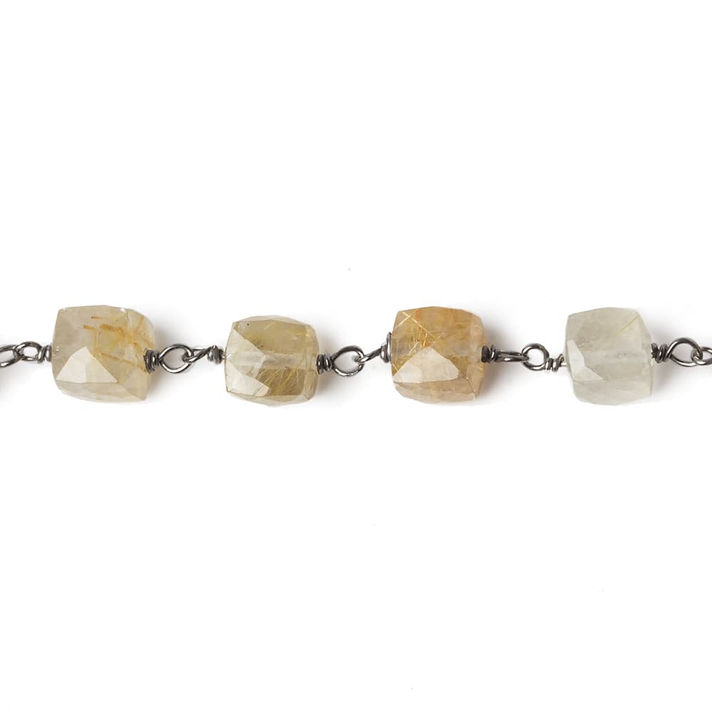 6x6mm Golden Rutilated Quartz cube Black Gold plated .925 Silver Chain by the foot 25 pcs