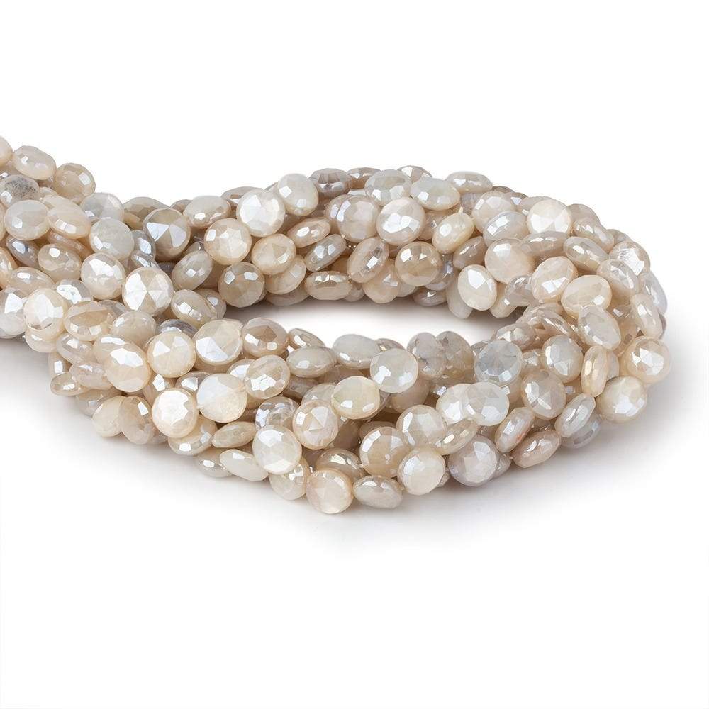 7-8.5mm Mystic Light Off White Moonstone faceted coins 14 inch 42 beads