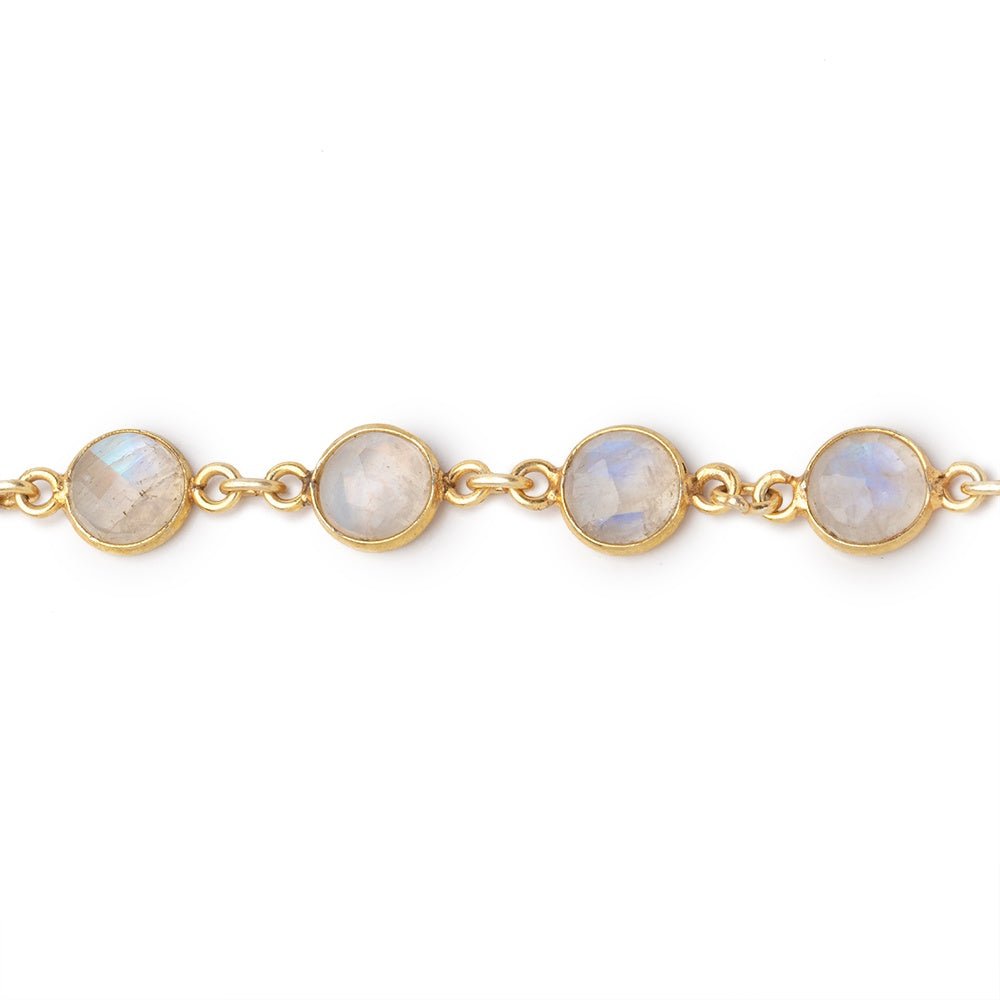 7.5-8mm Rainbow Moonstone Faceted Coin Cabochon Vermeil Bezeled Chain