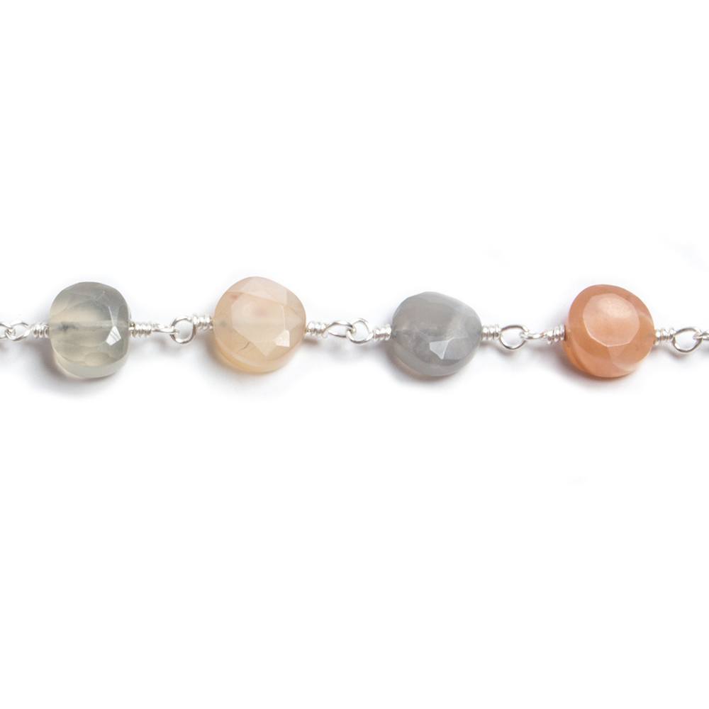 7mm Multi Color Moonstone coin Silver plated Chain by the foot 24 pieces