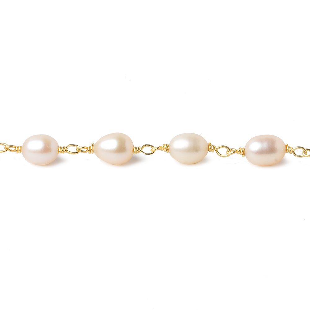7x5mm Salmon Pink Oval Freshwater Pearl Vermeil Chain by the foot 25 pearls