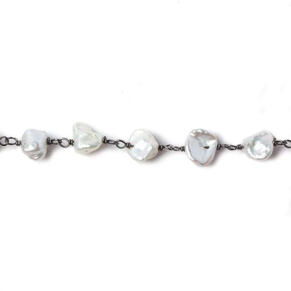7x6mm Off White Keshi Pearl Black Gold .925 Silver Chain by the foot 28 pcs