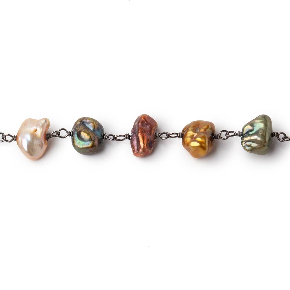 7x7-9x6mm Multi Color Keshi Pearls on Black Gold .925 Chain