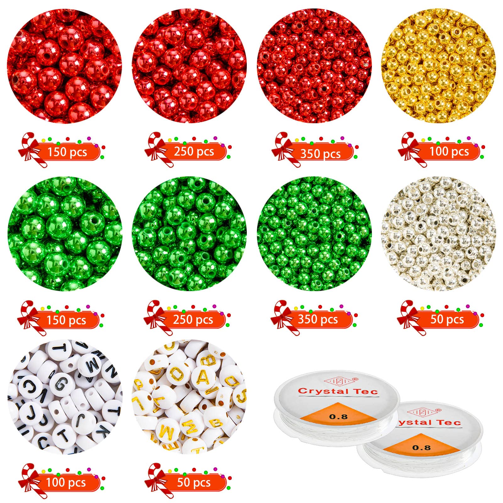 DECYOOL Christmas Jewelry Beads Set 1800pcs Red Green Silver Gold Small