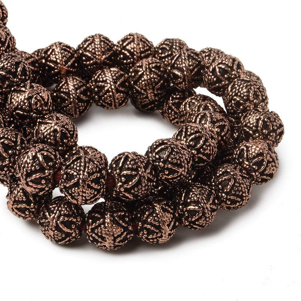 8mm Antiqued Copper Bead Round Miligrain Triangle Design 8 inch 28 pcs