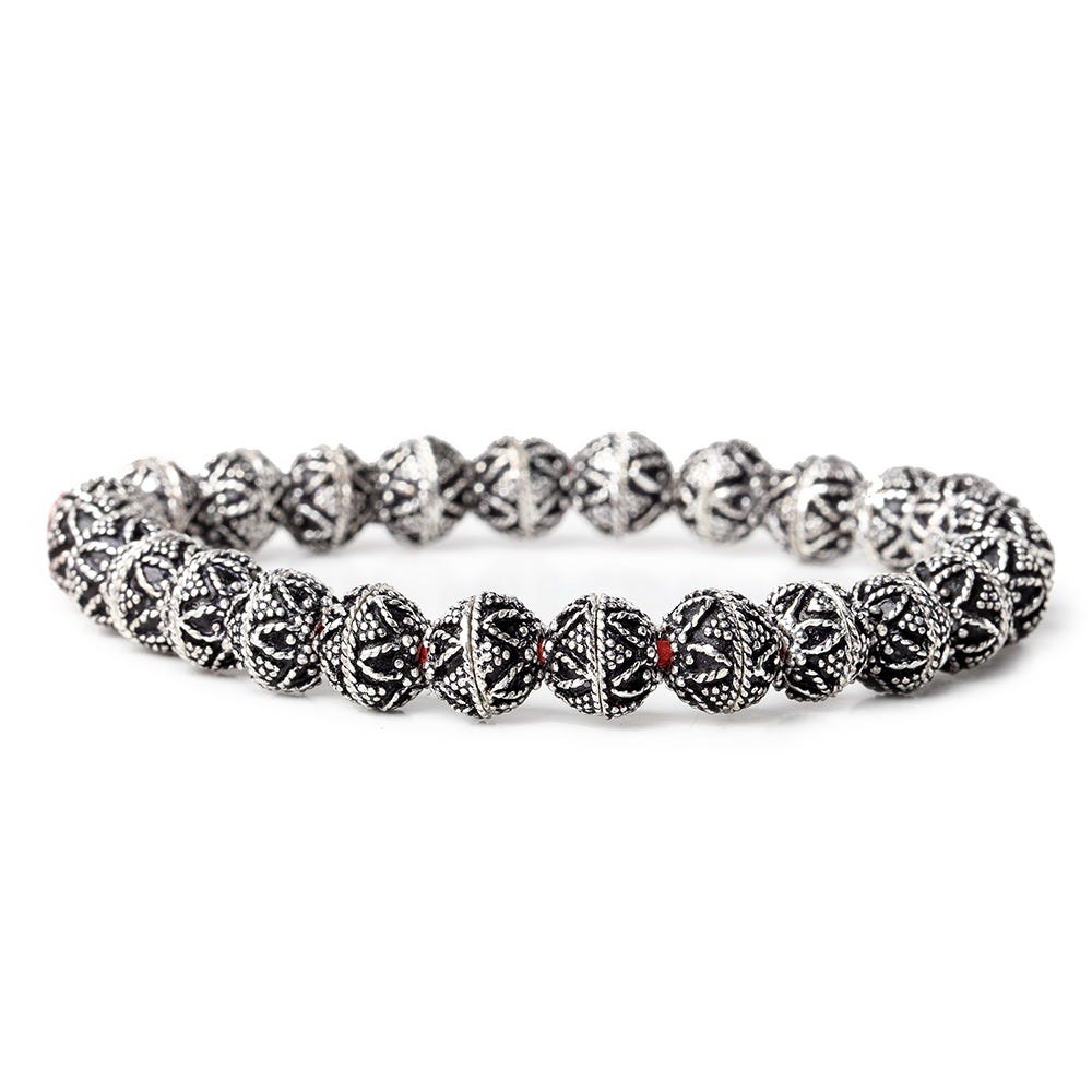 8mm Antiqued Sterling Silver plated Bead Cap Miligrain Triangle and Heart Design 8 inch 54 beads