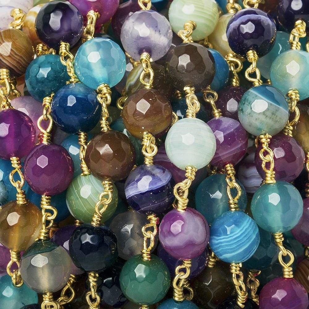 8mm Multi Color Festive Agate faceted round Gold Chain by the foot 21 beads