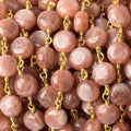 8mm Peach Moonstone puffy coin Vermeil Chain by the foot 23 beads