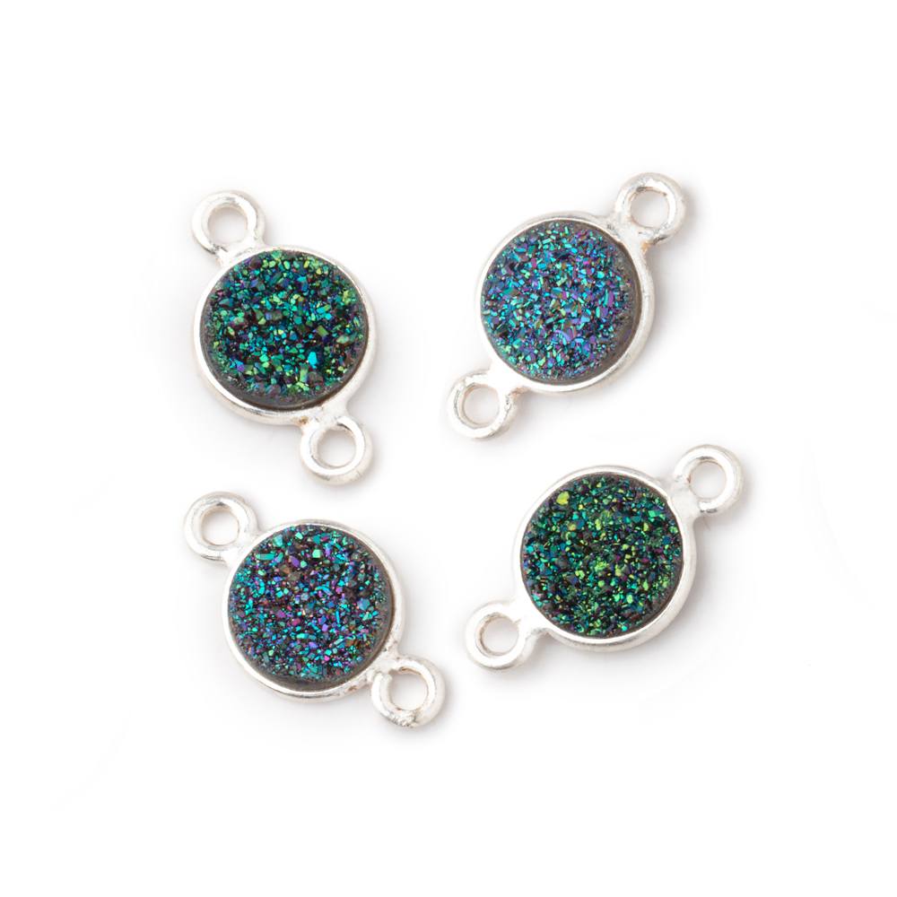 8mm Silver .925 Bezel Mystic Mermaid Green Drusy Coin Connector Set of 4 Pieces