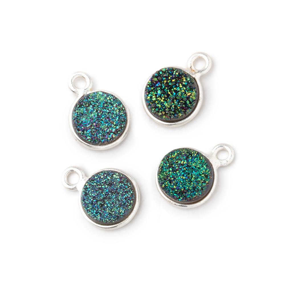 8mm Silver .925 Bezel Mystic Mermaid Green Drusy Coin Pendant Set of 4 Pieces