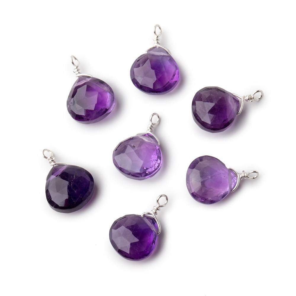 8mm Silver Wire Wrapped Amethyst Faceted Heart 1 Focal Pendant