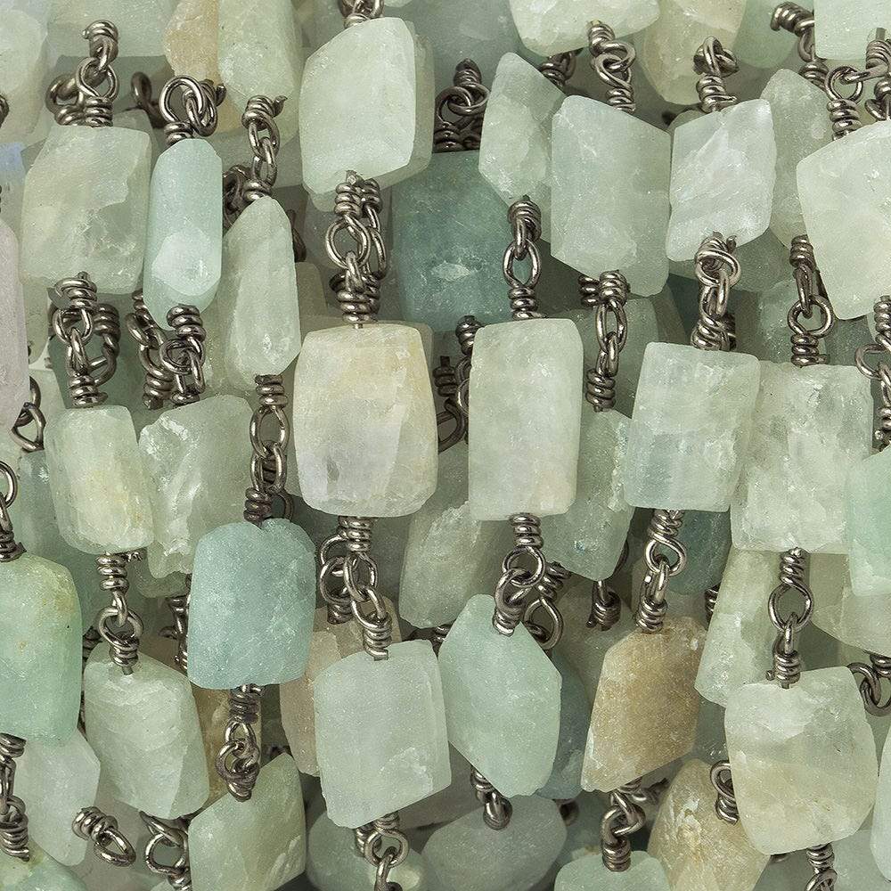 8x7-11x7mm Aquamarine Bevel Faceted Rectangle Black Gold plated Chain by the foot 18 beads