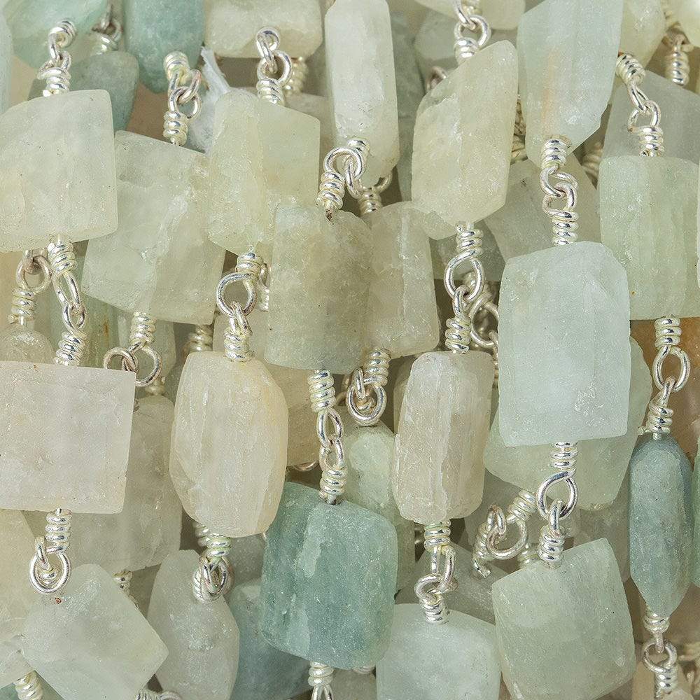 8x7-11x7mm Aquamarine Bevel Faceted Rectangle Silver plated Chain by the foot 18 beads