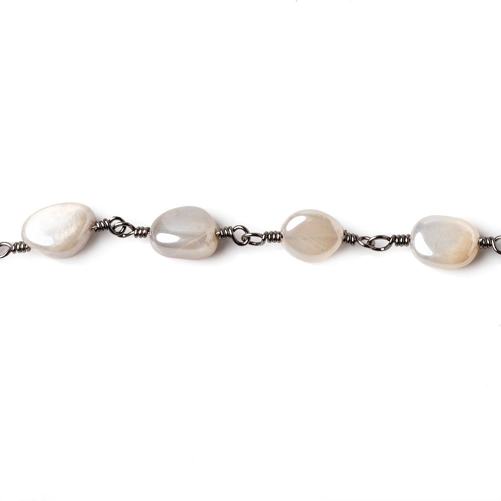 8x8-10x8mm Mystic Grey Moonstone plain nugget Black Gold plated Chain by the foot