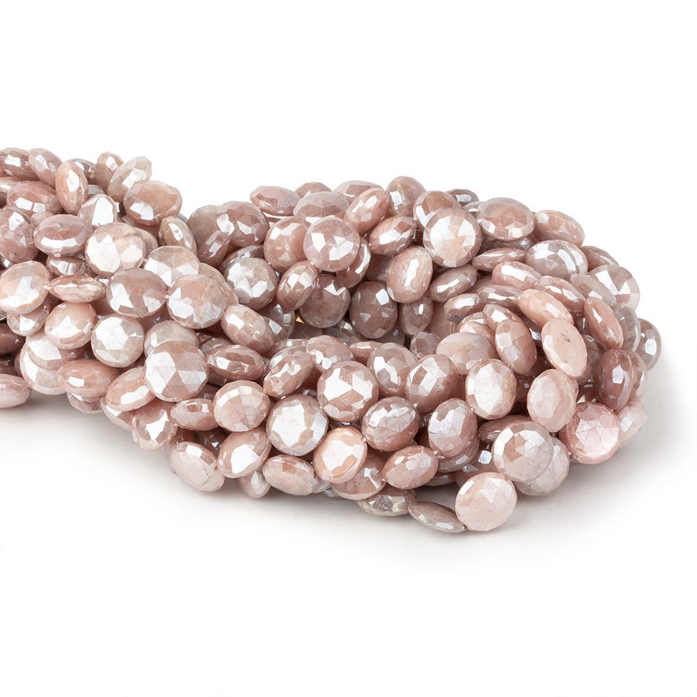9-10mm Mystic Dark Peach Moonstone faceted coins 14 inch 36 beads