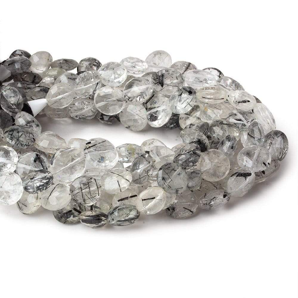 9-9.5mm Black Tourmalinated Quartz Faceted Coin 8 inch 24 beads A