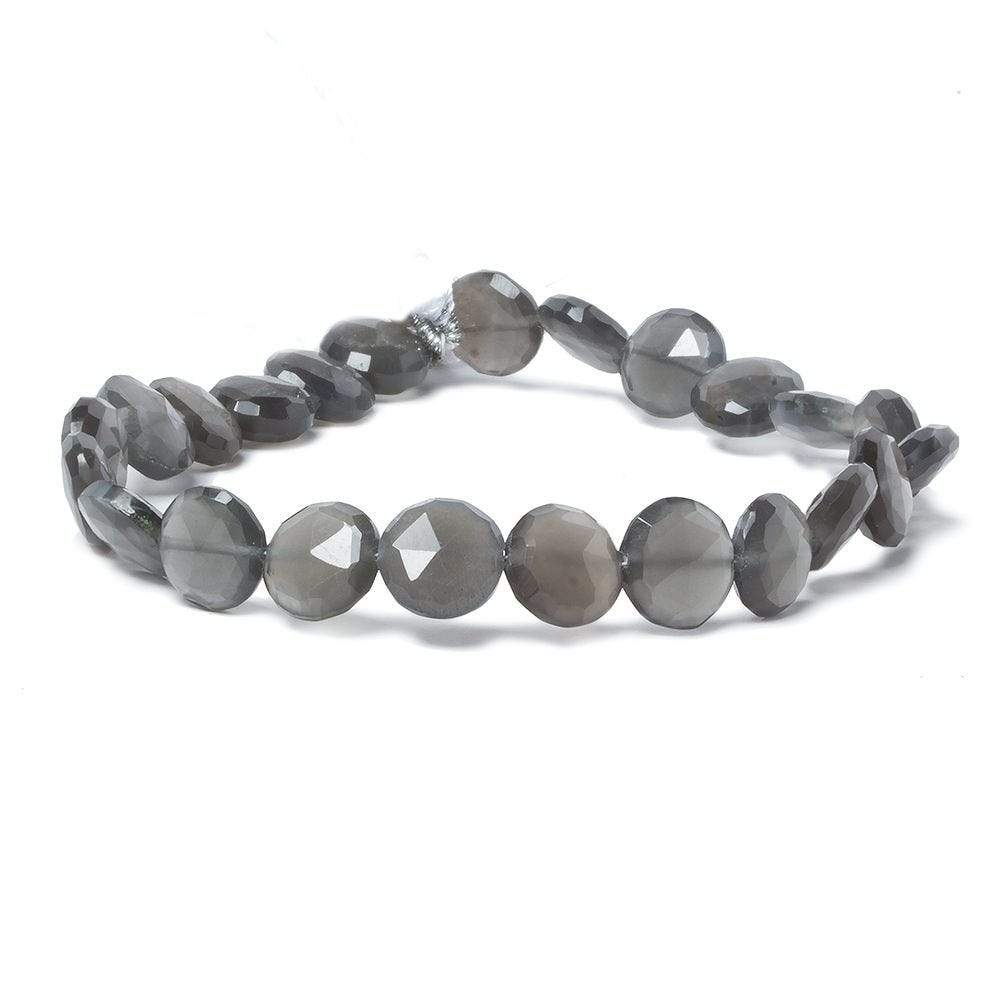 9mm Platinum Dark Grey Moonstone faceted coin beads 8 inch 23 pieces