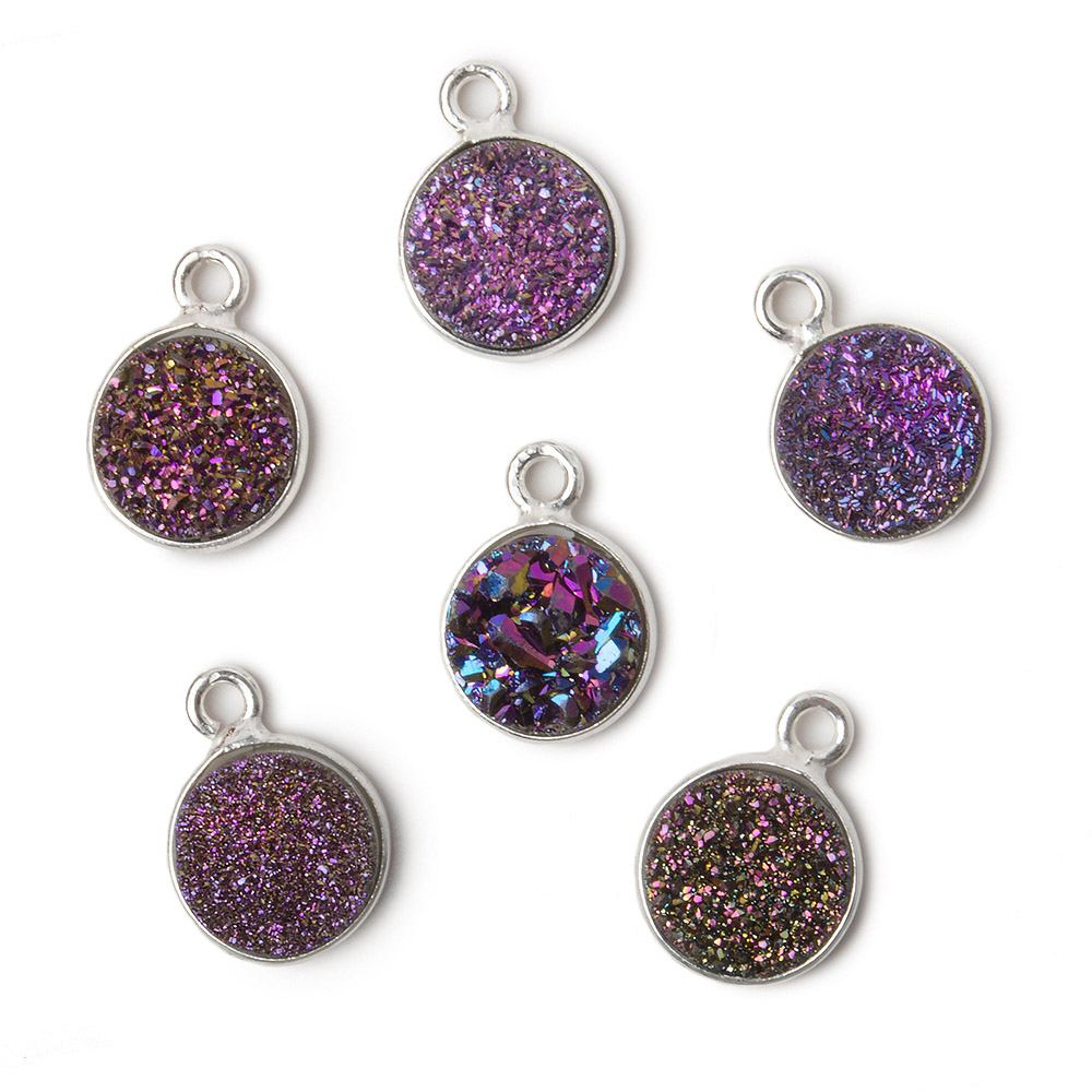 9mm Silver .925 Bezel Mystic Peacock Drusy Coin Pendant 1 piece