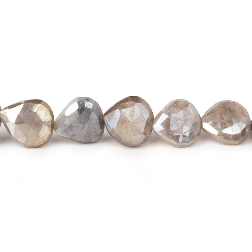 9x9-11x11mm Mystic Platinum Grey Moonstone straight drill faceted hearts 14 inch 35 beads