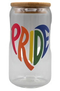 Glass cup with wooden lid and 'PRIDE' in colorful letters on a clear glass surface.