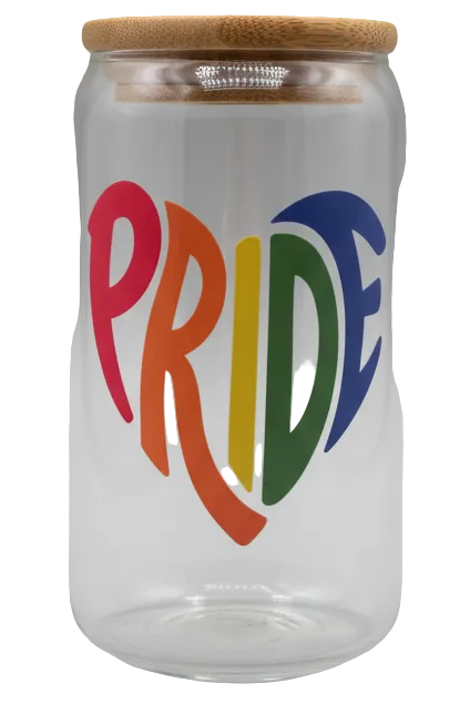 Glass cup with wooden lid and 'PRIDE' in colorful letters on a clear glass surface.