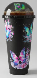 A black plastic cup with a matching black dome lid, decorated with colorful butterfly and floral patterns.