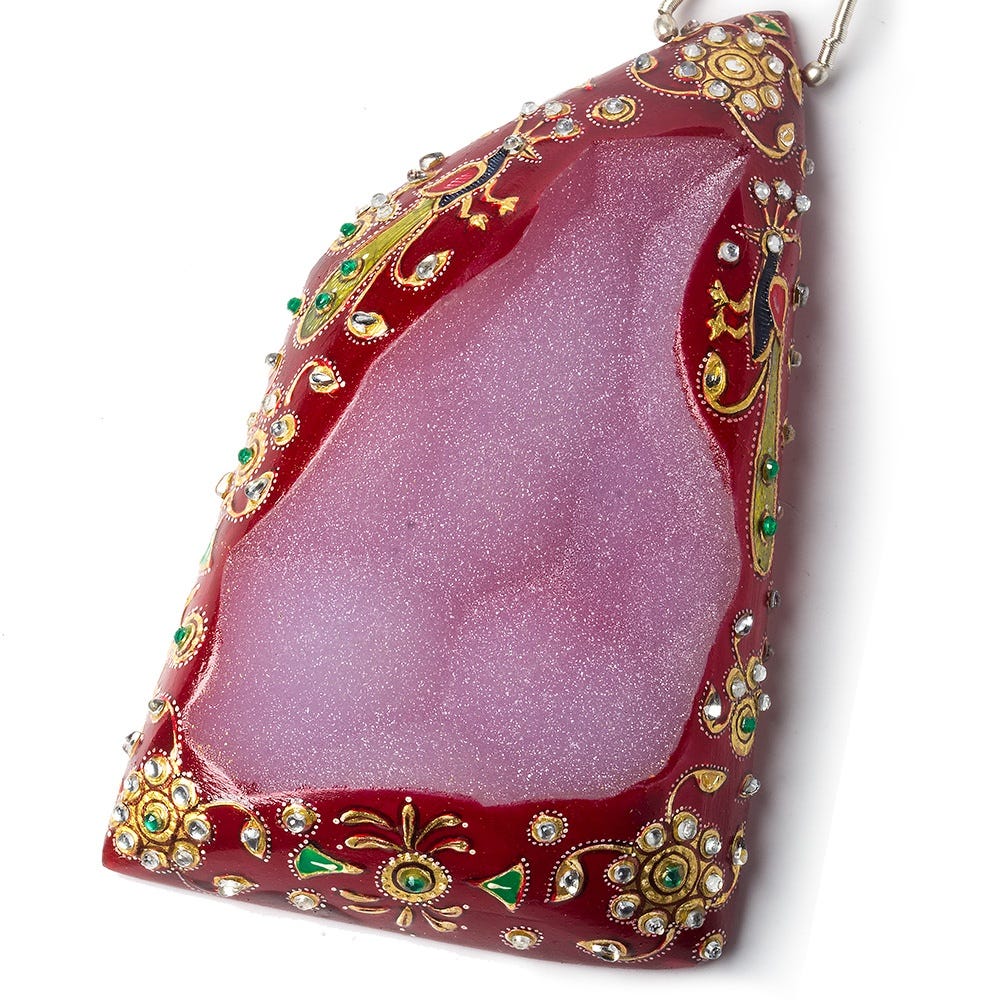 Hand Painted Floral Marsala Red Drusy with Rhinestones 3.25x2.0 inch