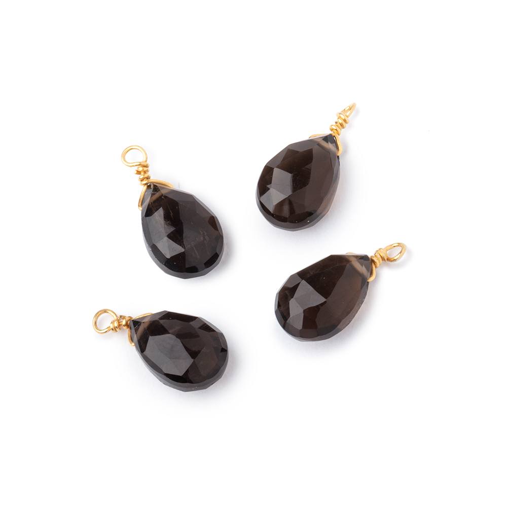 Set of 4 Vermeil Wire Wrapped 9x6mm Smoky Quartz Faceted Pear Focals