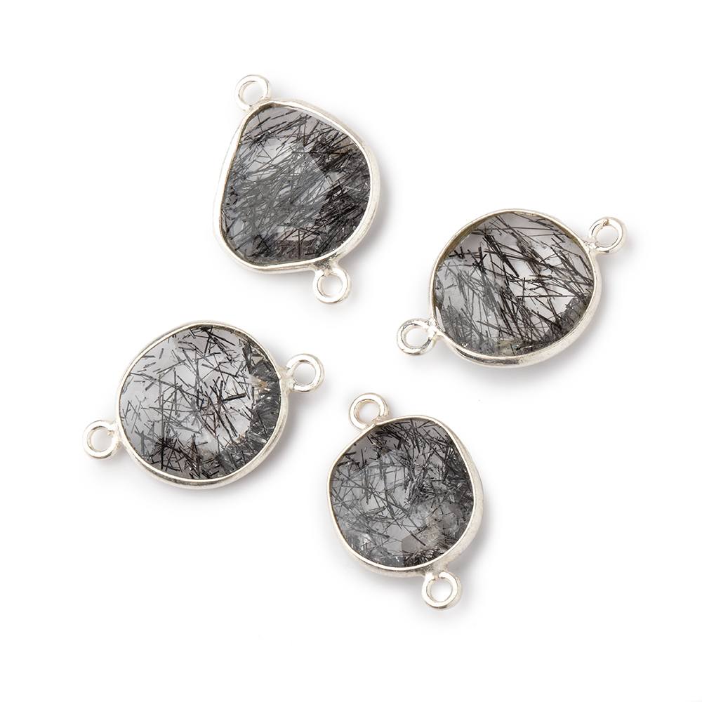 Silver .925 Bezeled Tourmalinated Quartz Faceted Nugget Connectors Set of 4 Pieces