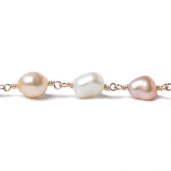TriColor Baroque Pearl Rose Gold plated Chain by the foot 19 pieces